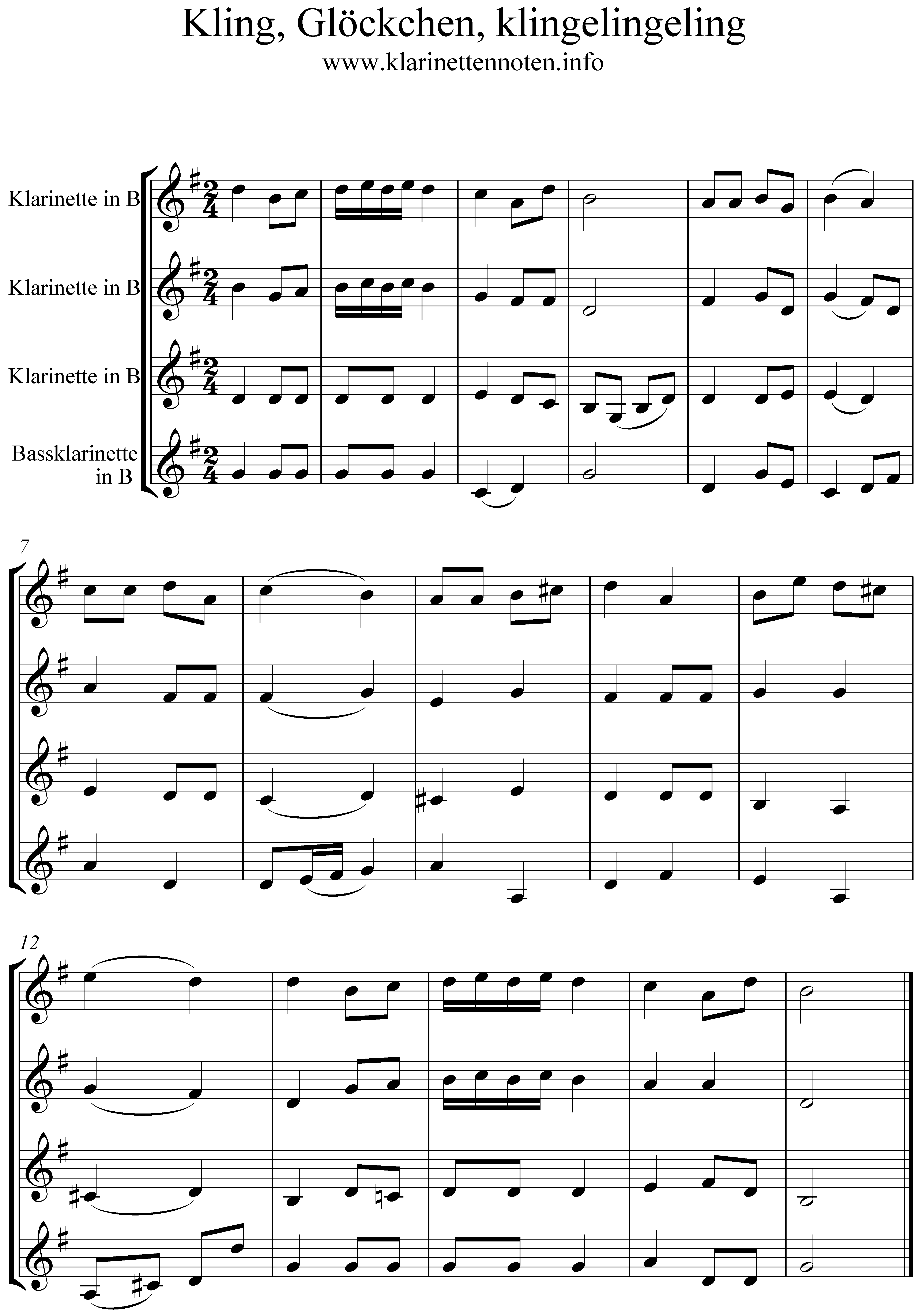 Kling Glöckchen, Noten Quartet, Klarinette